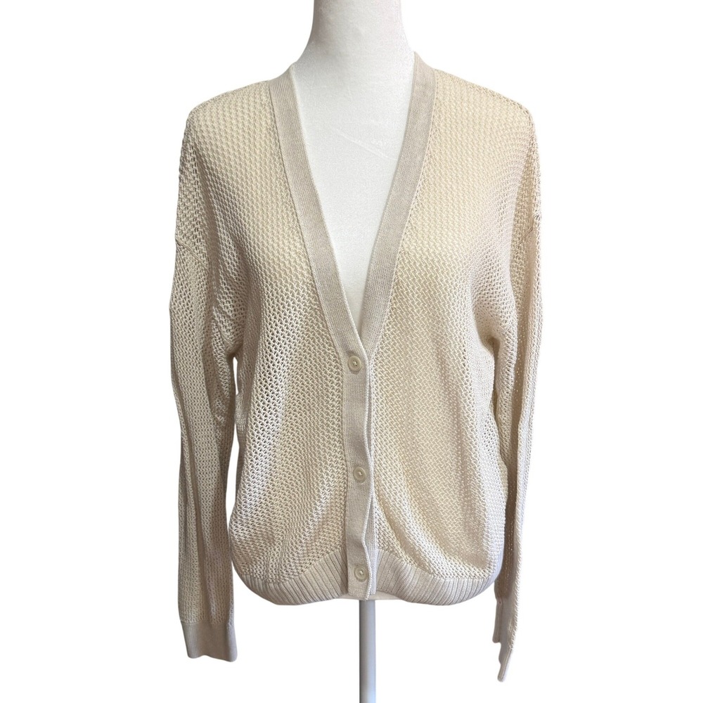 Uniqlo Womens Mesh Crochet Cotton Cardigan Cream Beige V-Neck LARGE Boho Resort